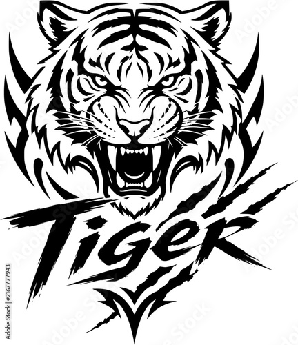Roaring Tiger Head Black and White Wildlife Line Art