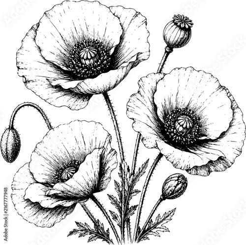 Beautiful Poppy Flowers Botanical Black and White Line Art