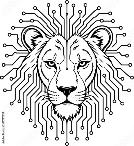 Lion Head with Digital Circuit Technology Line Art