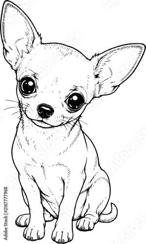 Cute Chihuahua Puppy Black and White Line Art Illustration