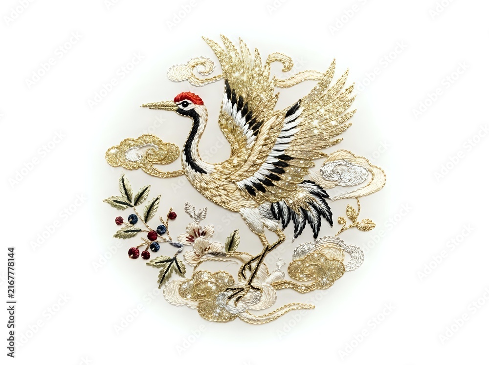 Obraz premium Elegant crane with golden wings and black accents surrounded