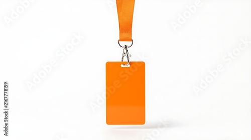 Bright orange blank id badge with a matching fabric neck lanyard strap and a metal clip for professional events