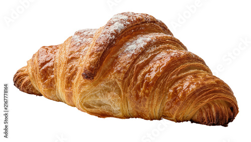 Bild auf Leinwand Golden flaky croissant dusted with powdered sugar, isolated on transparent backg
