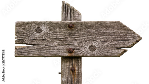 Foto Weathered wooden directional signpost with rusty nails, isolated on transparent