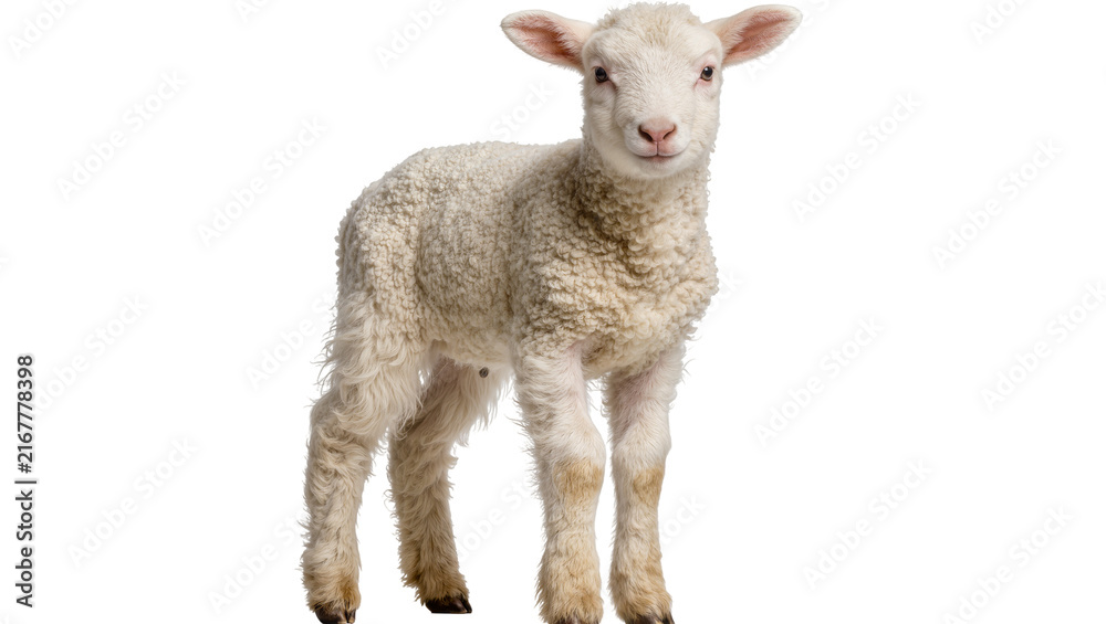 Fototapeta premium Fluffy white lamb standing, isolated on transparent background