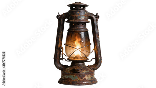 Bild auf Leinwand Antique rusty kerosene lantern with lit flame, isolated on transparent backgroun