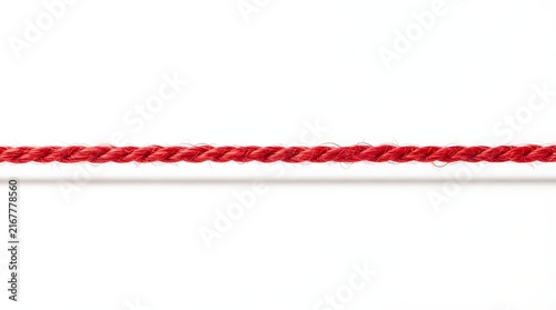 A single long piece of red twisted rope laid in a perfectly straight horizontal line for nautical decor use