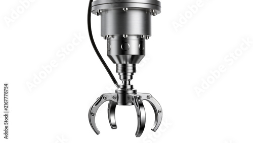 Fotografie Industrial robotic gripper arm with metallic claws, isolated on transparent back