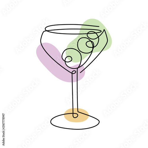 Martini glass line art with two olives and pastel shapes