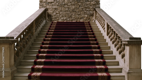 Obraz na płótnie Grand stone staircase with ornate balustrade and red carpet, isolated on transpa