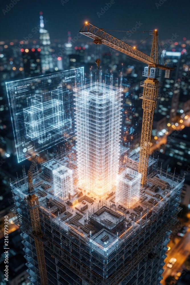 Fototapeta premium Construction site with holographic blueprint overlay at night in a city. Crane above skyscraper project under development. Future building tech.