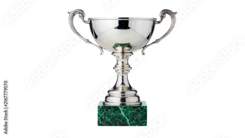 Konstfotografi Ornate silver trophy with ornate handles on green marble base, isolated on trans