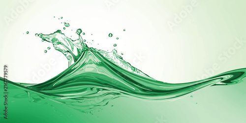 Green Abstract Water Splash with Flowing Waves, Bubbles, Ripples and Transparent Liquid Motion, Fresh Clean Nature Background for Spa and Refreshment Concepts