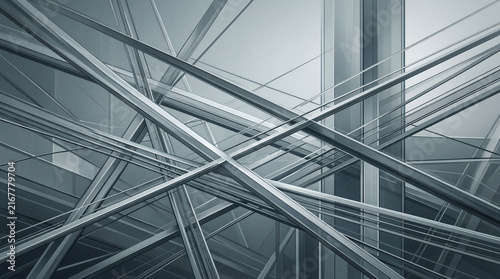 In a structured setting, lines and shapes cross each other in a complex manner. The gray tones give a simple yet striking effect. The design presents a sense of movement and depth