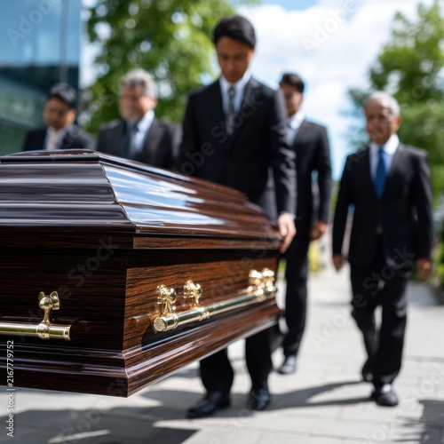 Group of men dressed in formal attire carrying a polished wooden casket during a ceremonial funeral procession on a sunny day outdoors