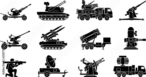 Anti Aircraft Gun Icon Set Isolated on White Background – Military Air Defense Cannon and Artillery Weapon Vector Silhouettes
