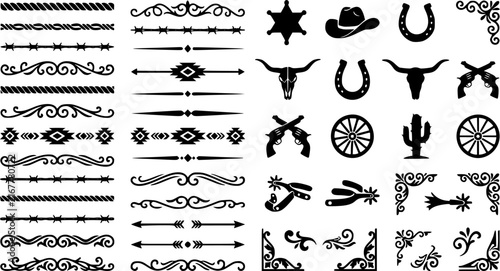 A large collection of old western design elements, embellishment, borders and divider lines.
