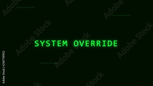 System override digital text display with binary code animation 4k background, for cyber security, and hacking concepts