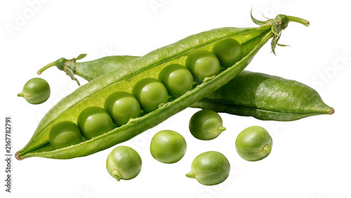 Cuadro en lienzo Fresh green pea pods with scattered peas, isolated on transparent background