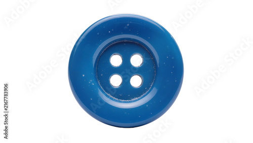 Foto Shiny blue plastic four-hole button, isolated on transparent background