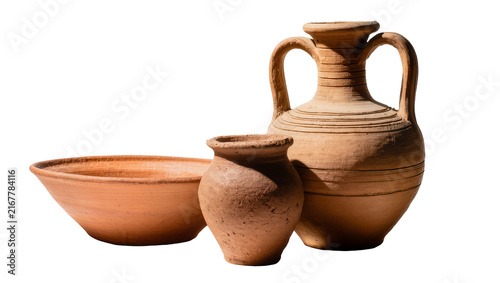 Fotografie Three terracotta amphorae and bowl ancient pottery collection, isolated on trans