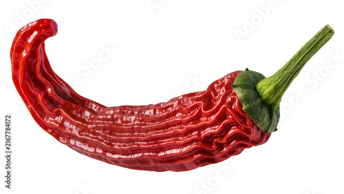 Foto Wrinkled red chili pepper with green stem, isolated on transparent background