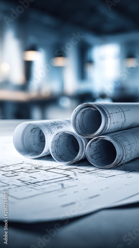 Rolled architectural blueprints stacked on detailed construction plans in a modern workspace with blurred background lighting and office environment