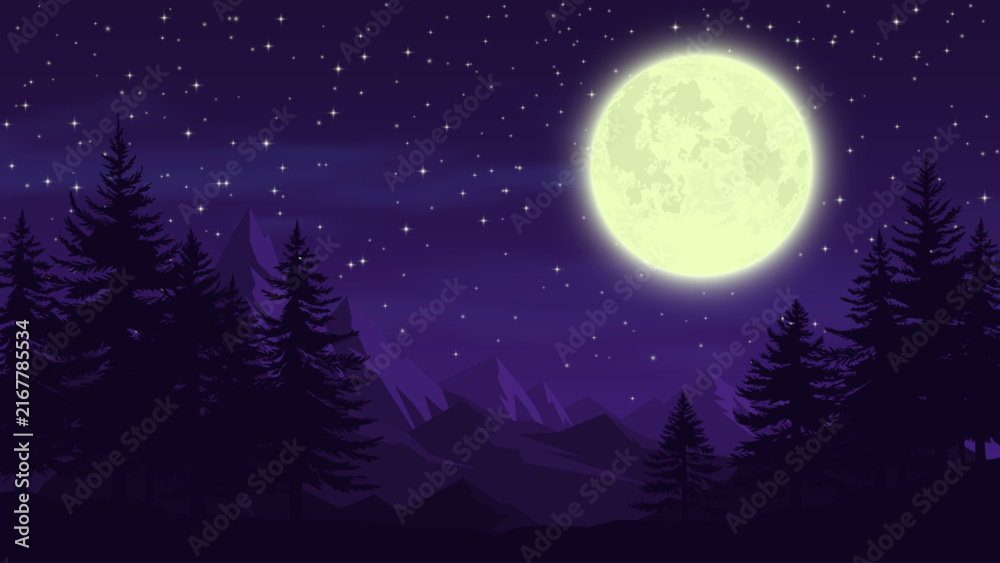Fototapeta premium Night Forest and Mountain Landscape with Full Moon