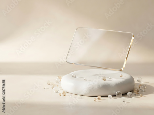 Floating glass screen mockup on stone pedestal with scattered spheres and soft lighting