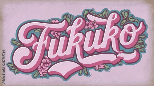 Fukuko calligraphy name art with pink floral accents and a pastel background, evoking a sense of retro charm and feminine elegance.