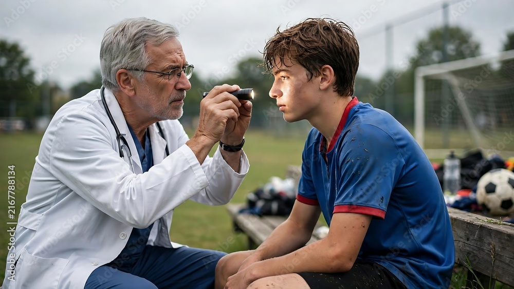 Fototapeta premium Senior Sports Doctor Examining Young Athlete with Flashlight on Field