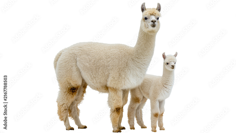Naklejka premium Mother and baby alpaca standing together, isolated on transparent background