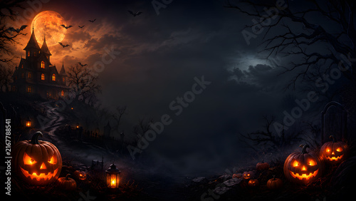 Spooky Halloween Background with Haunted Mansion and Glowing Jack o Lanterns