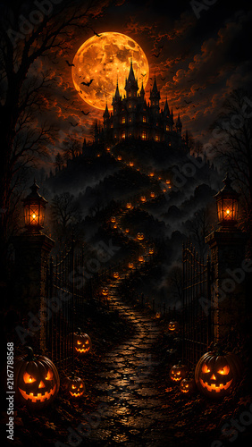 Haunted Gothic Castle on Hill with Jack-o-Lantern Path and Glowing Full Moon for Halloween Background