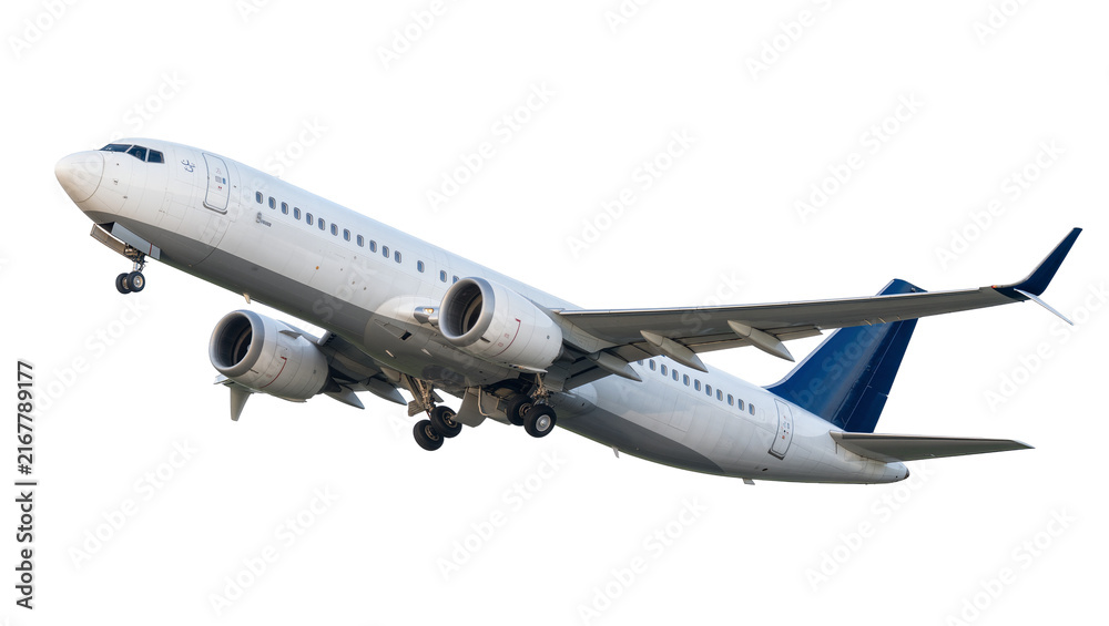 Fototapeta premium White passenger jet airplane with blue tail, taking off isolated on transparent background