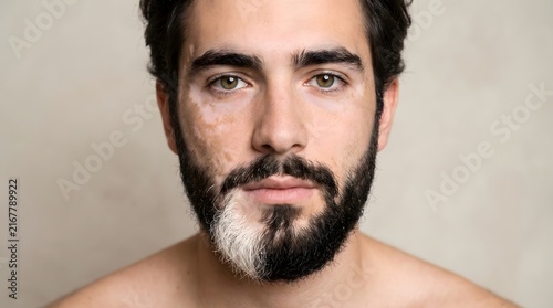Close up portrait of a young man with vitiligo skin condition on his face and white patch in his dark beard, standing against a neutral background