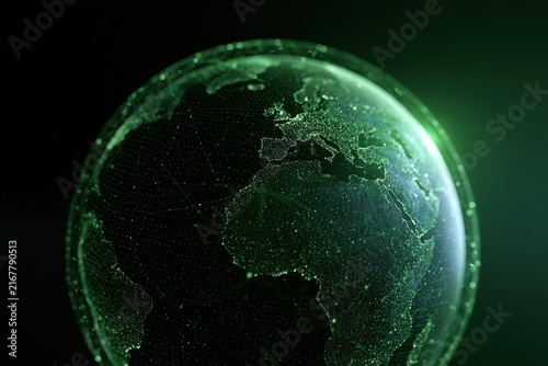 Holographic globe projection showing digital network connections