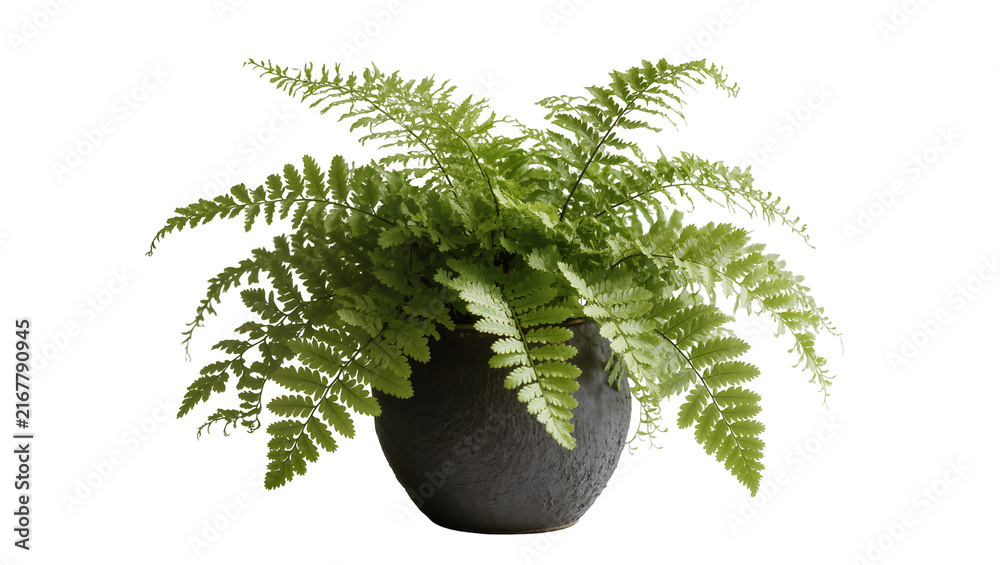 Fototapeta premium Lush green fern plant in a textured dark pot, isolated on transparent background