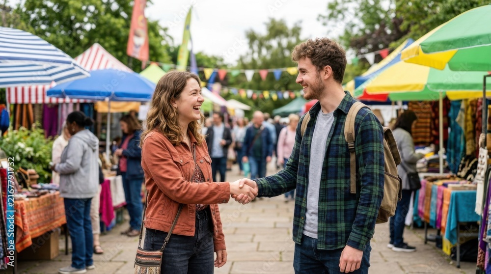 Fototapeta premium Couple Shaking Hands at Outdoor Market Stall with Colorful Goods.