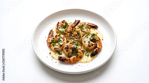 Grilled shrimp scampi with garlic butter sauce and fresh herbs served on white plate seafood dish cooked prawns dinner plate plated meal