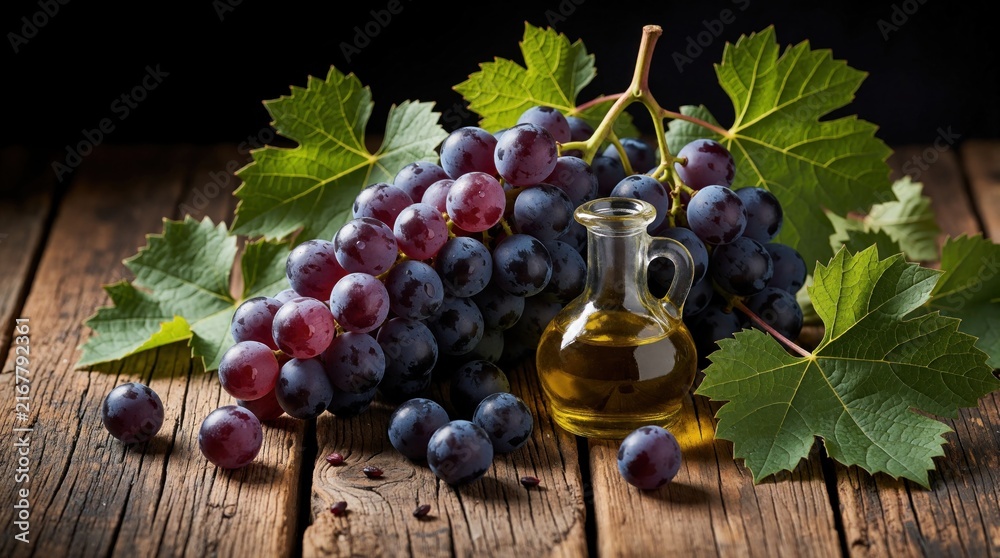 Fototapeta premium Dark purple grapes with leaves and seeds sit on wood. A small glass jug of oil rests beside the fruit. Fresh produce for healthy eating, wine, and cooking.