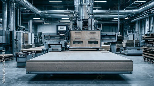 Advanced automated woodworking machine operating in a brightly lit modern industrial furniture factory. Ideal background for manufacturing and carpentry industry concepts.