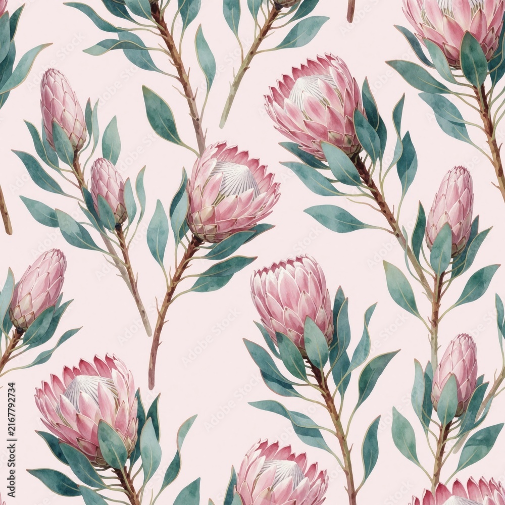 Obraz premium Pink protea flowers and buds with green leaves create repeating pattern on light pink background. Delicate botanical design offers soft, romantic, and serene aesthetic for various creative projects.