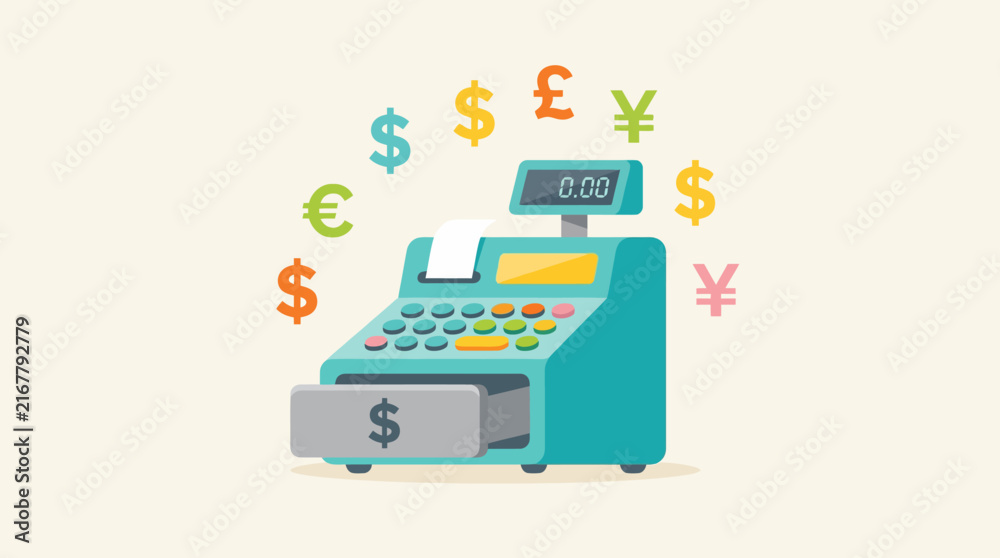 Naklejka premium Modern electronic cash register with global currency symbols floating around.