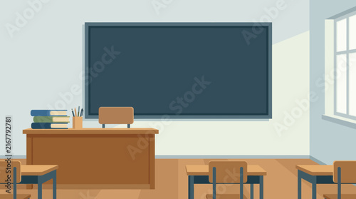 Empty classroom interior with wooden desks and a large blackboard.
