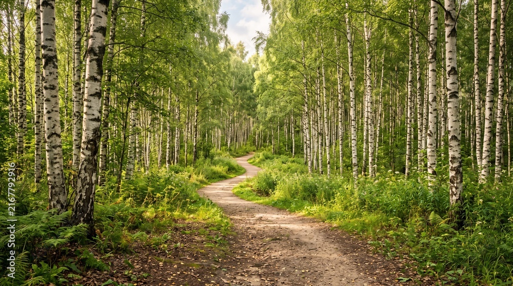 Obraz premium Tranquil pathway winding through birch trees in a vibrant green forest setting