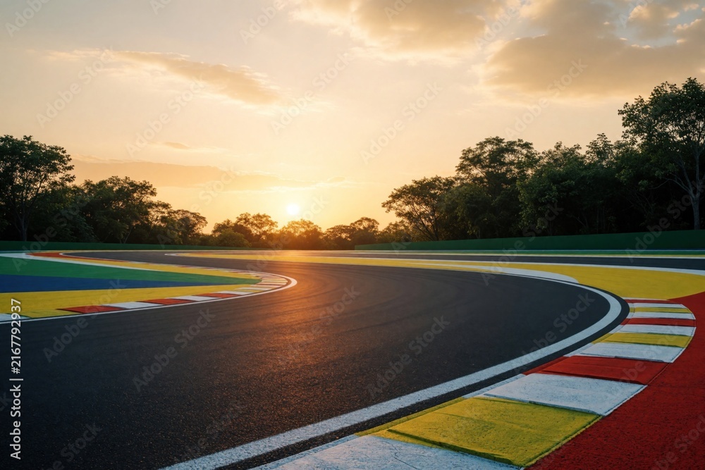 Fototapeta premium Race track curve at sunrise with colorful markings and trees in background. Asphalt road with yellow and red borders under warm golden sky. Motoring sport speed challenge.