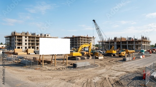 Construction site with cranes and heavy machinery under clear blue sky