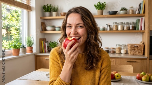 Happy woman savoring a fresh meal in a cheerful kitchen environment
