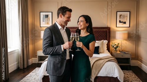 Couple toasting with champagne in elegant bedroom setting for celebration
